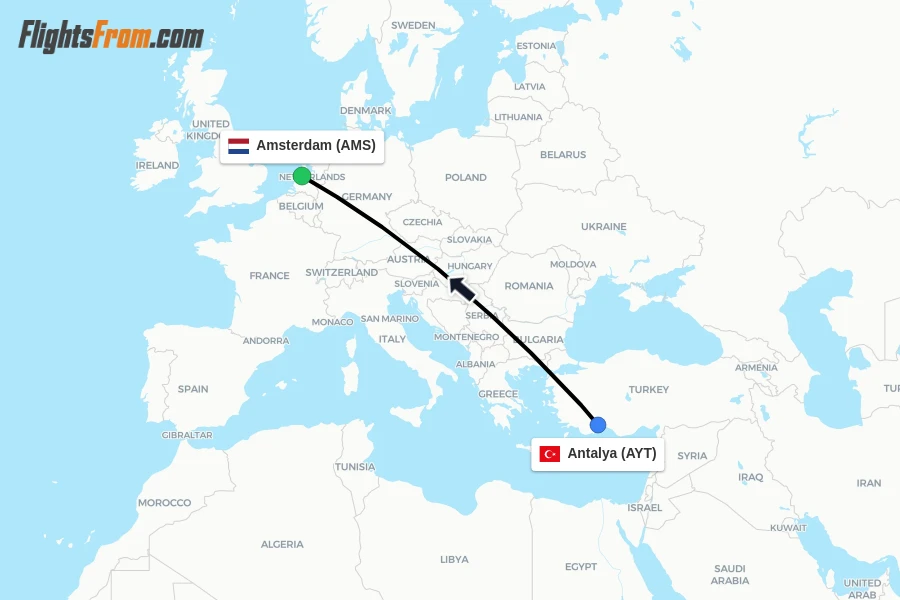 Flights from Antalya to Amsterdam route map