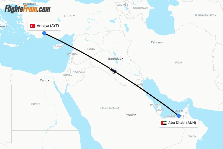 Flights from Antalya to Abu Dhabi route map