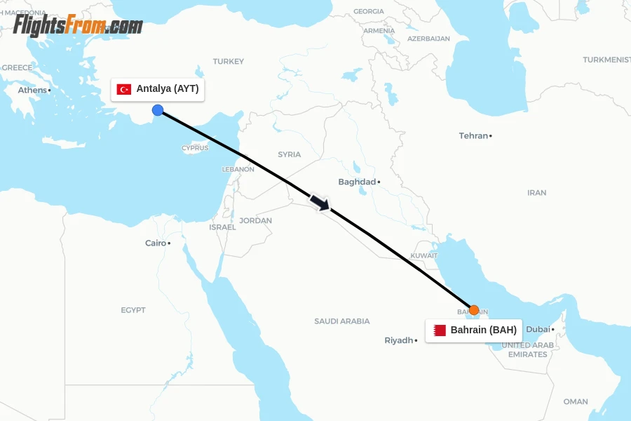 Flights from Antalya to Bahrain route map