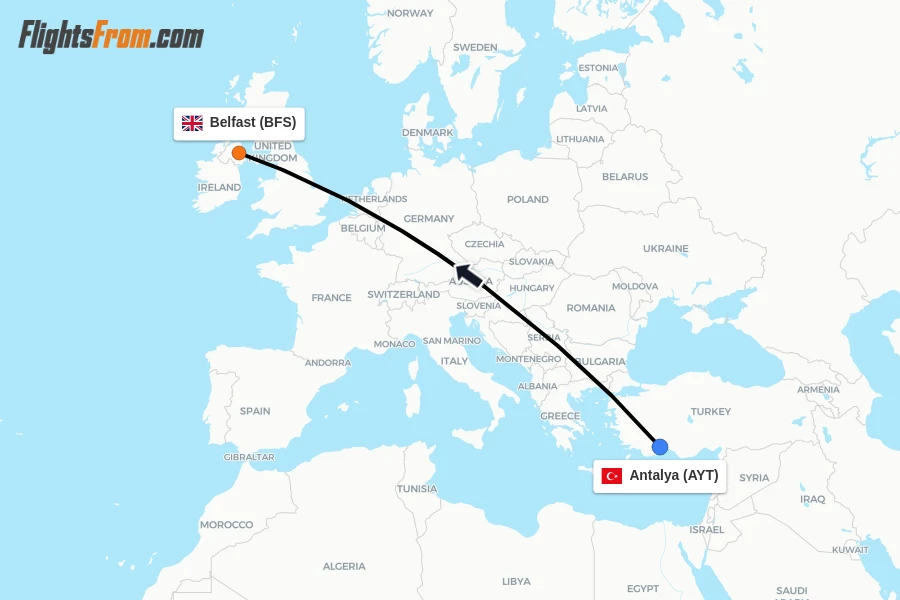 Flights from Antalya to Belfast route map