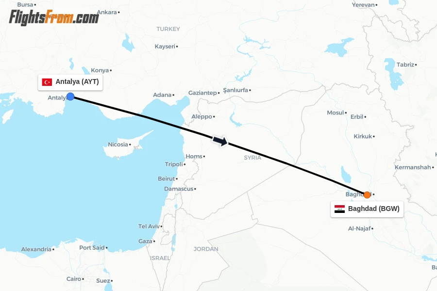 Flights from Antalya to Baghdad route map