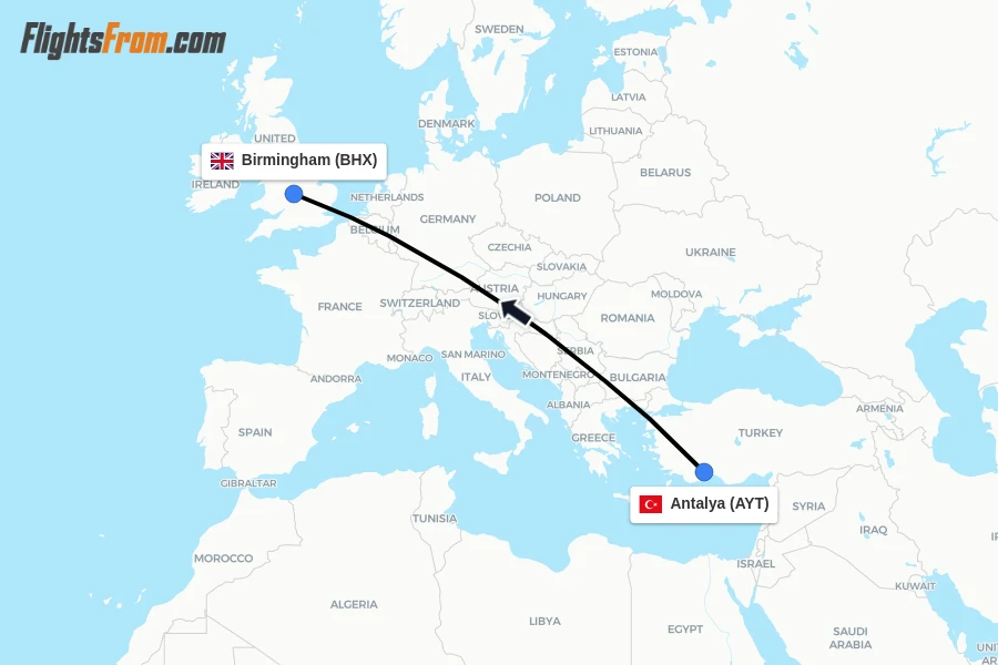 Flights from Antalya to Birmingham route map
