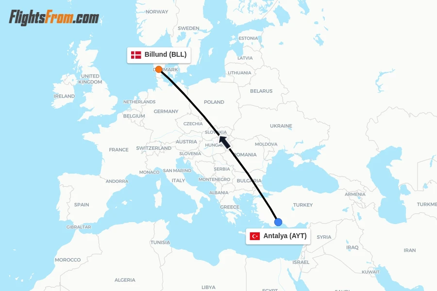 Flights from Antalya to Billund route map