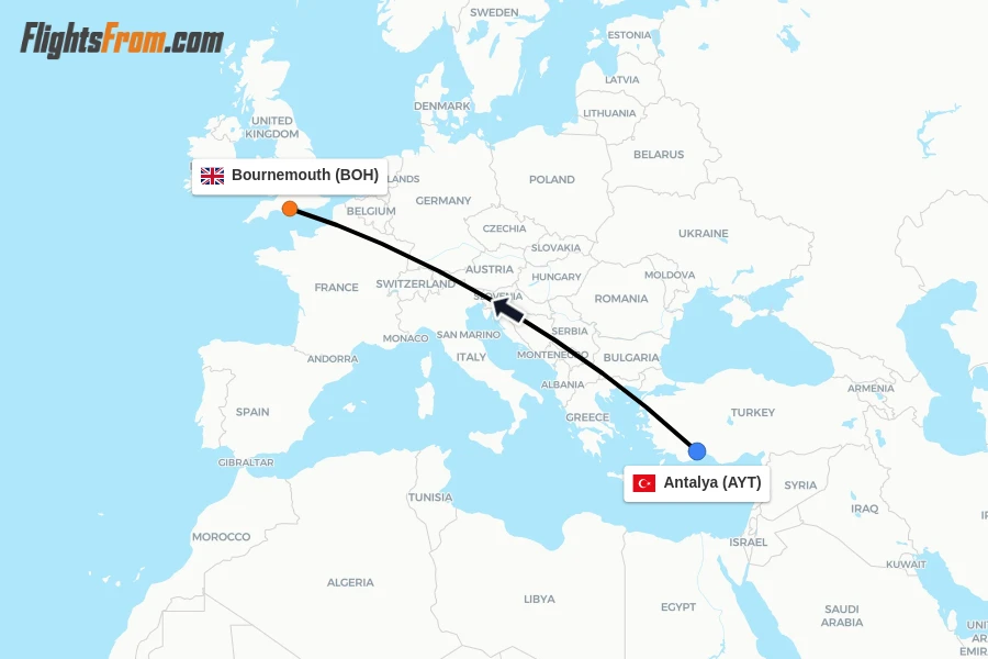 Flights from Antalya to Bournemouth route map