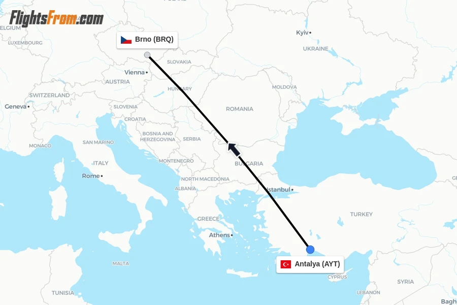 Flights from Antalya to Brno route map