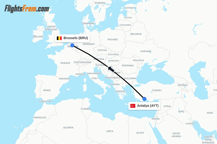 Flights from Antalya to Brussels route map