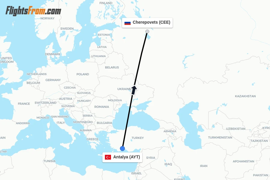 Flights from Antalya to Cherepovets route map