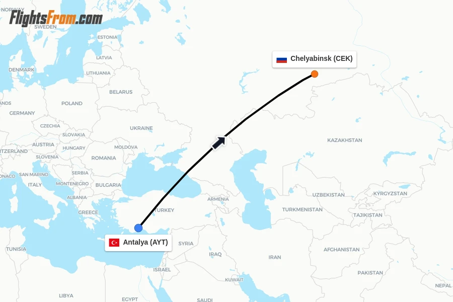Flights from Antalya to Chelyabinsk route map