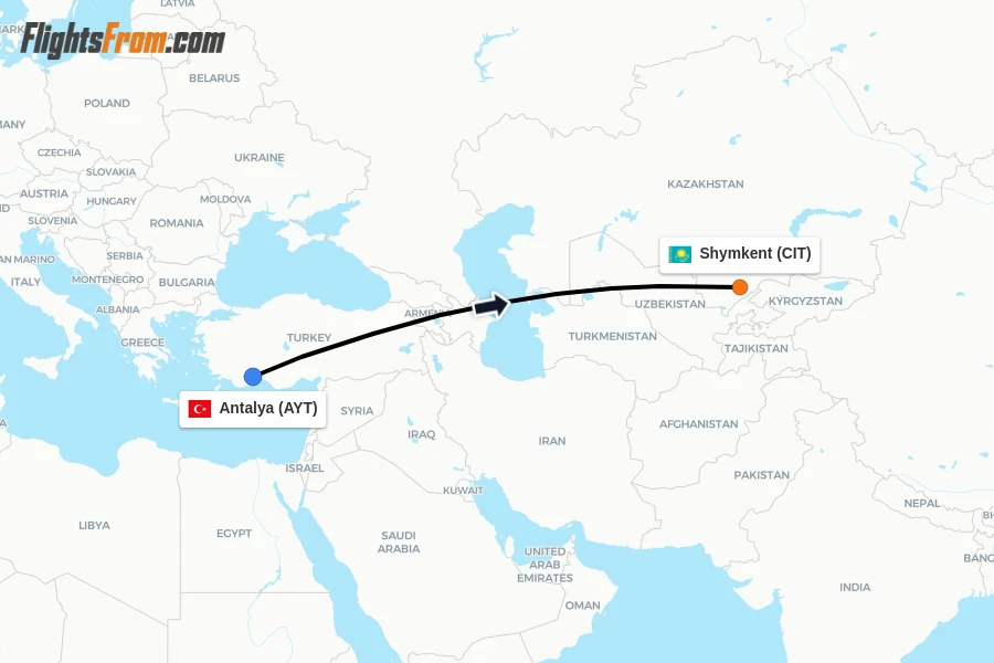 Flights from Antalya to Shymkent route map