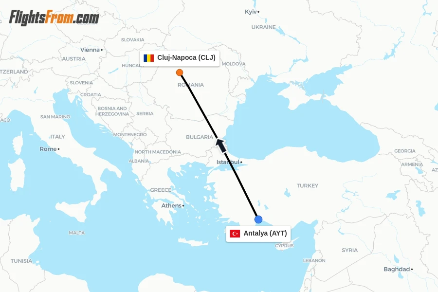 Flights from Antalya to Cluj-Napoca route map