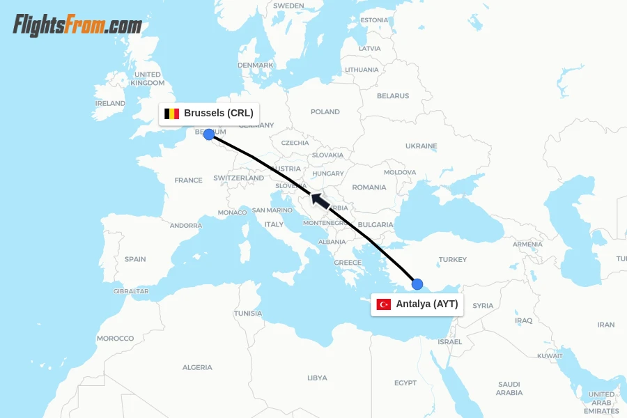 Flights from Antalya to Brussels route map