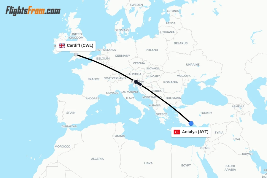 Flights from Antalya to Cardiff route map