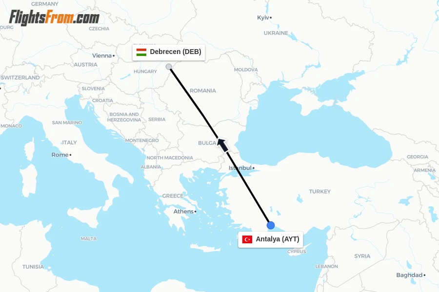Flights from Antalya to Debrecen route map