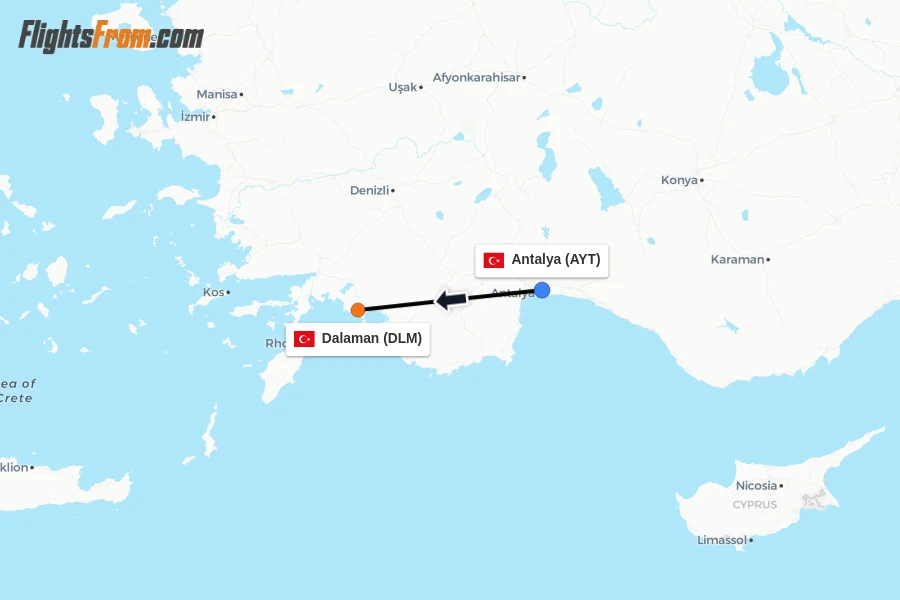 Flights from Antalya to Dalaman route map