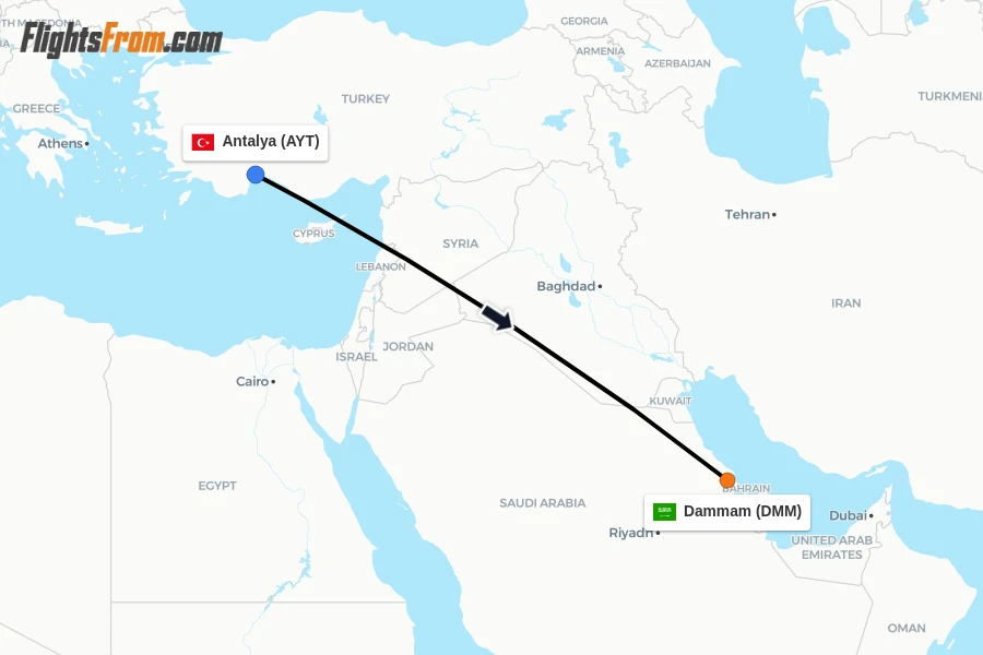 Flights from Antalya to Dammam route map
