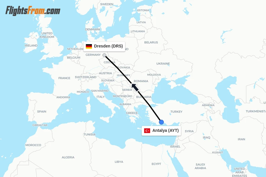 Flights from Antalya to Dresden route map
