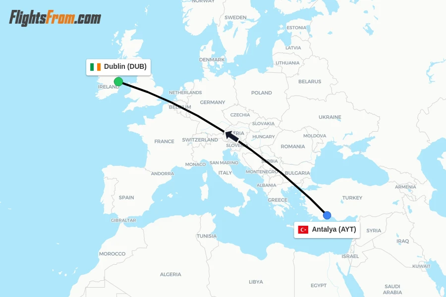 Flights from Antalya to Dublin route map