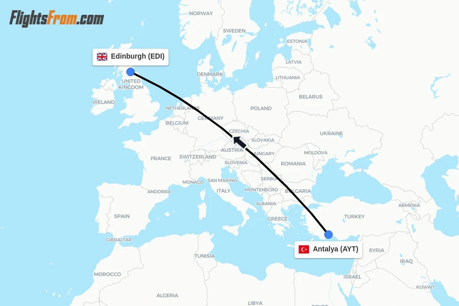 Flights from Antalya to Edinburgh route map