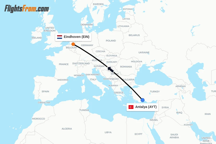 Flights from Antalya to Eindhoven route map