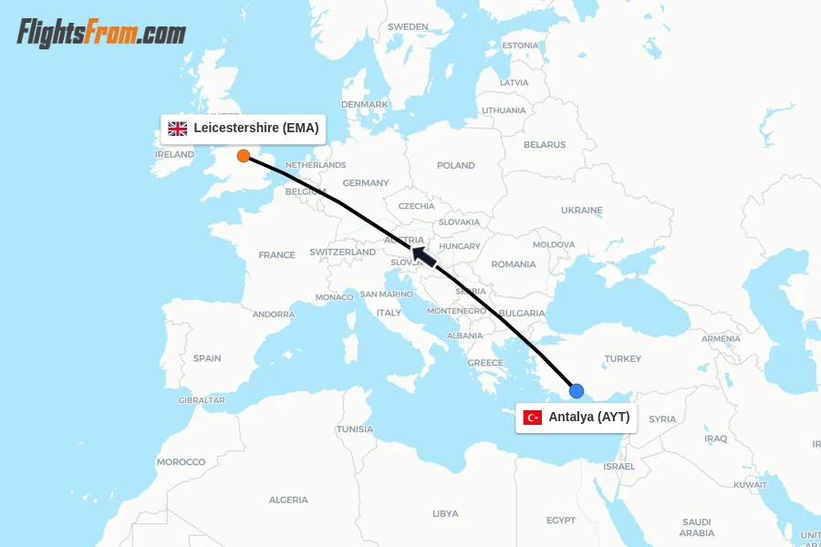 Flights from Antalya to Leicestershire route map