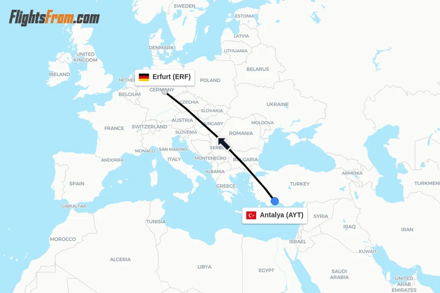 Flights from Antalya to Erfurt route map