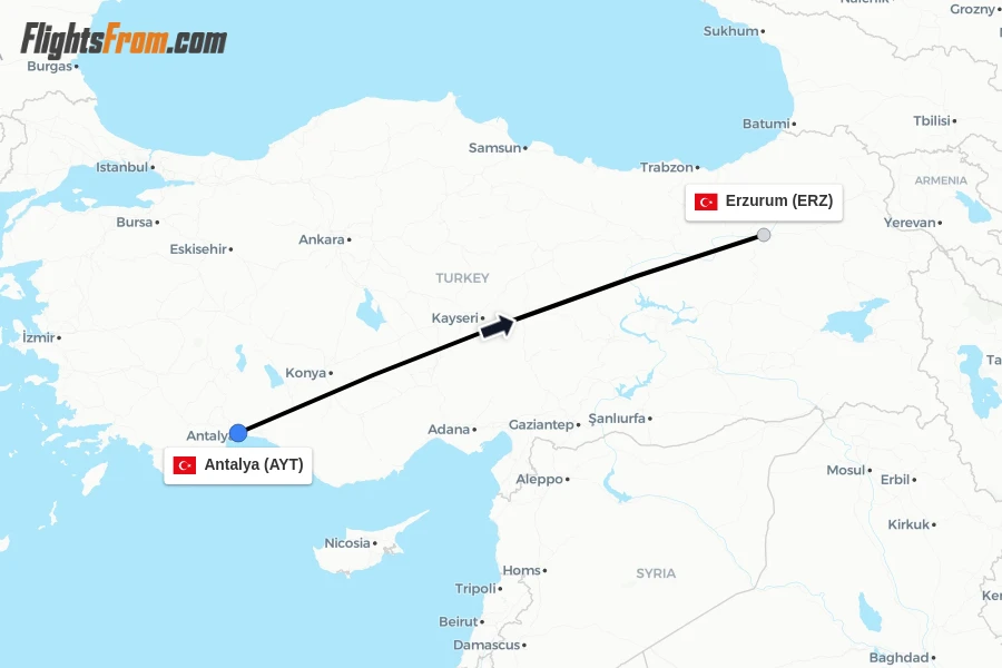 Flights from Antalya to Erzurum route map