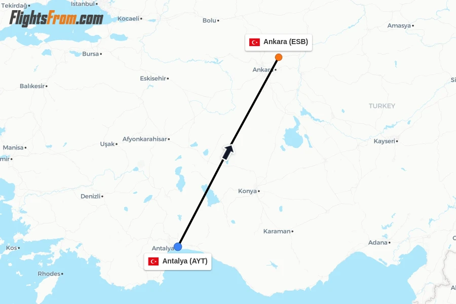 Flights from Antalya to Ankara route map