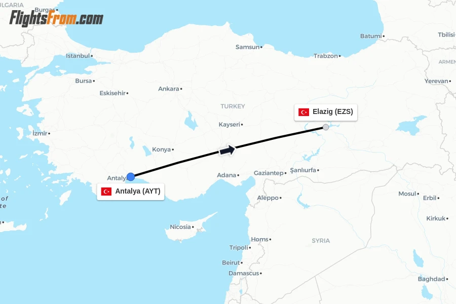 Flights from Antalya to Elazig route map