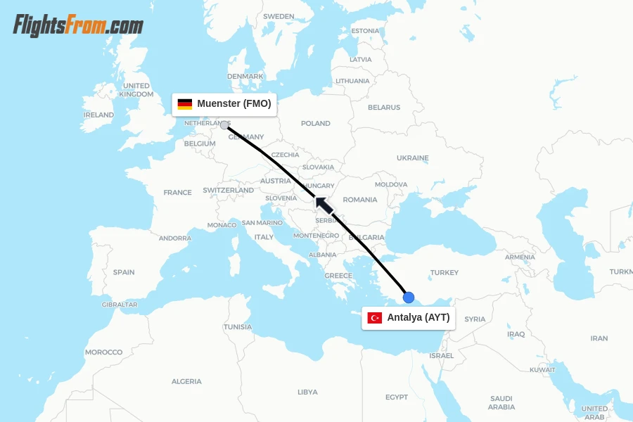 Flights from Antalya to Muenster route map