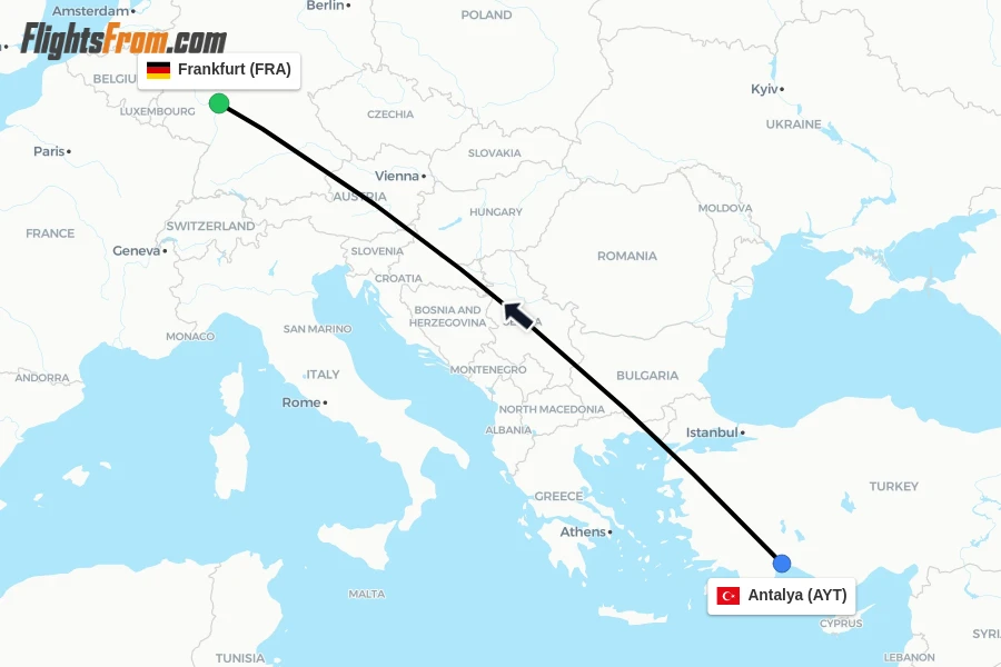 Flights from Antalya to Frankfurt route map