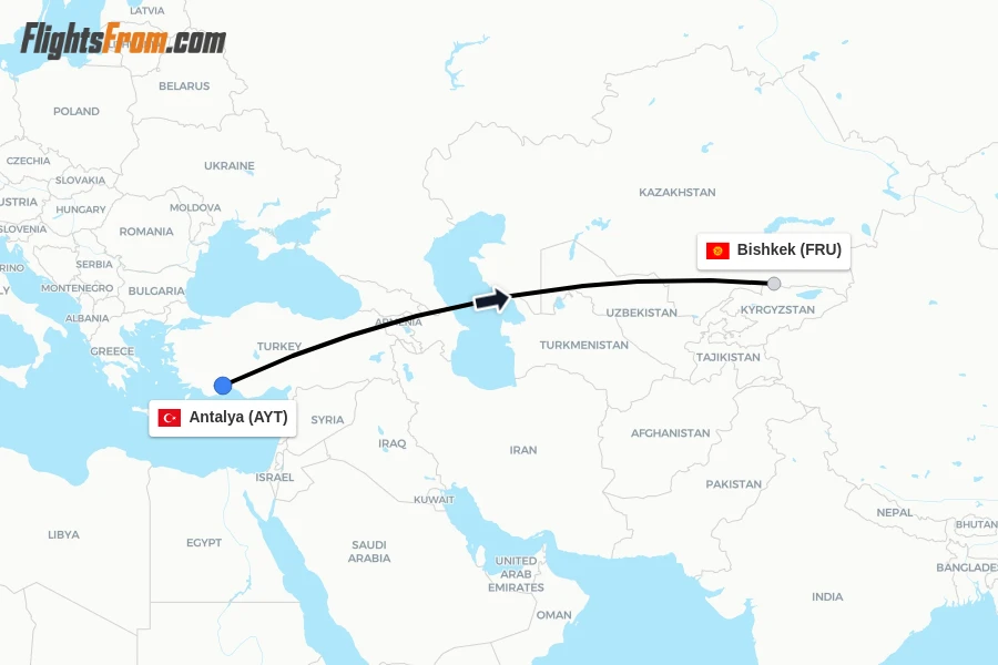Flights from Antalya to Bishkek route map
