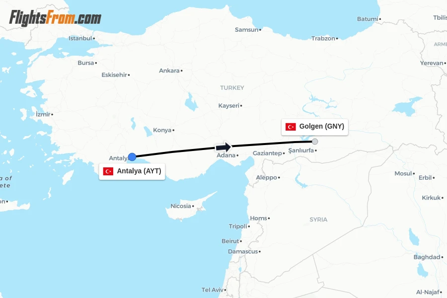 Flights from Antalya to Golgen route map