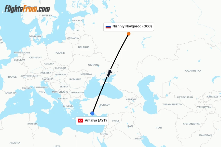 Flights from Antalya to Nizhniy Novgorod route map