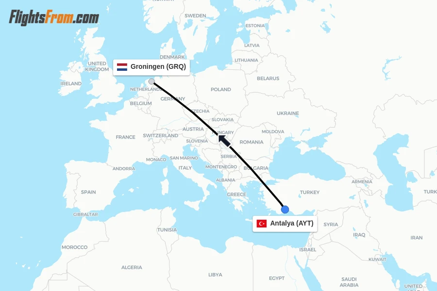 Flights from Antalya to Groningen route map