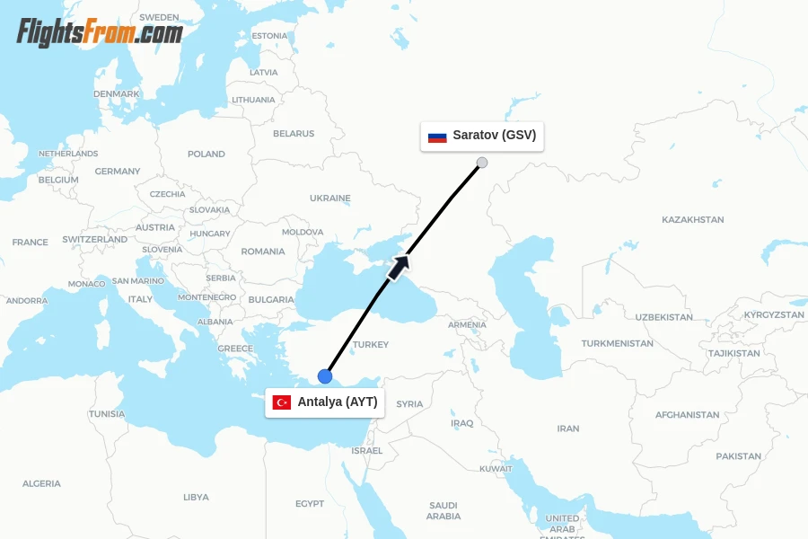 Flights from Antalya to Saratov route map