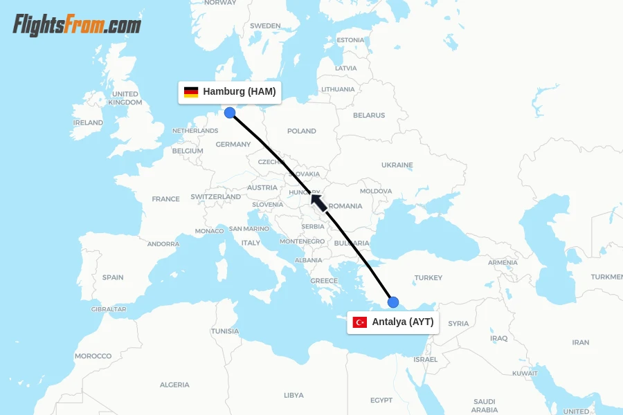 Flights from Antalya to Hamburg route map