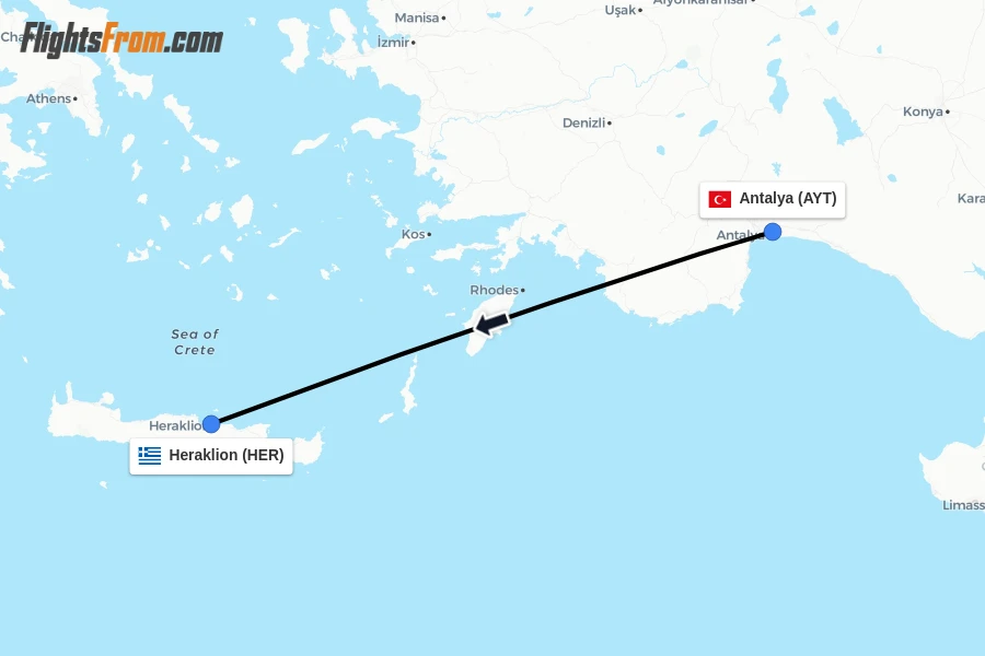 Flights from Antalya to Heraklion route map