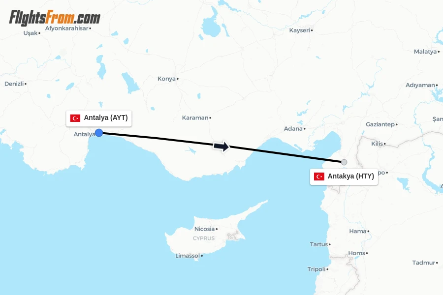 Flights from Antalya to Antakya route map