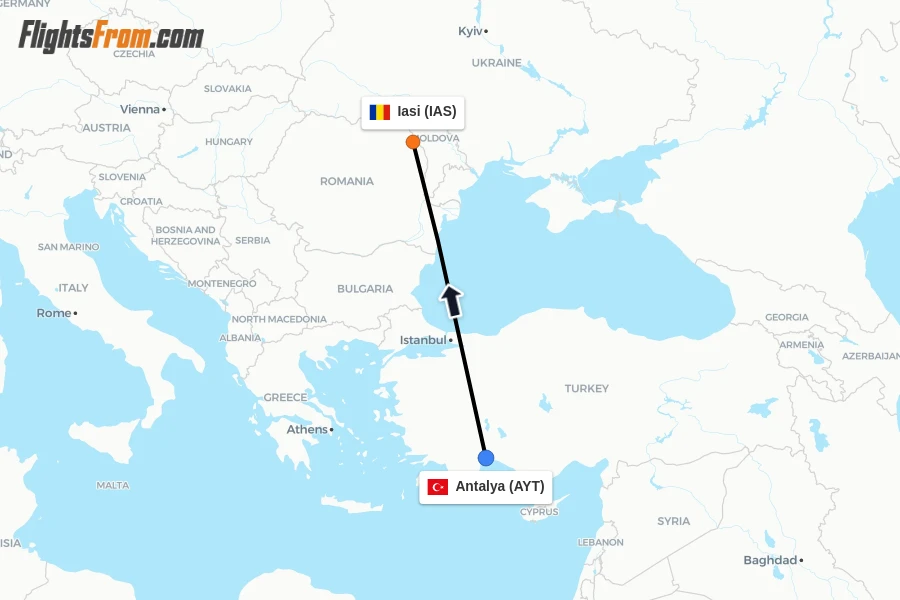 Flights from Antalya to Iasi route map