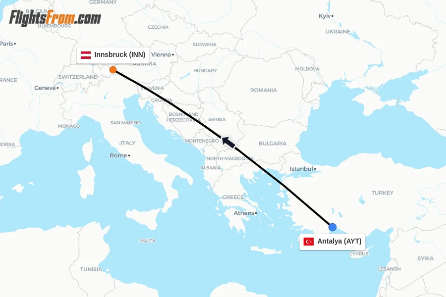 Flights from Antalya to Innsbruck route map