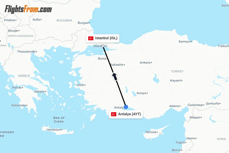 Flights from Antalya to Istanbul route map
