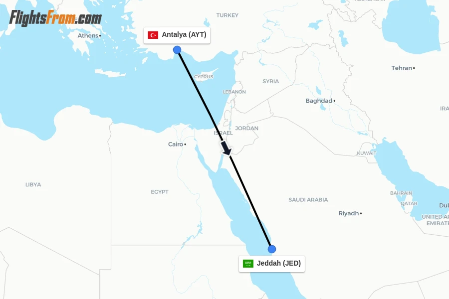 Flights from Antalya to Jeddah route map