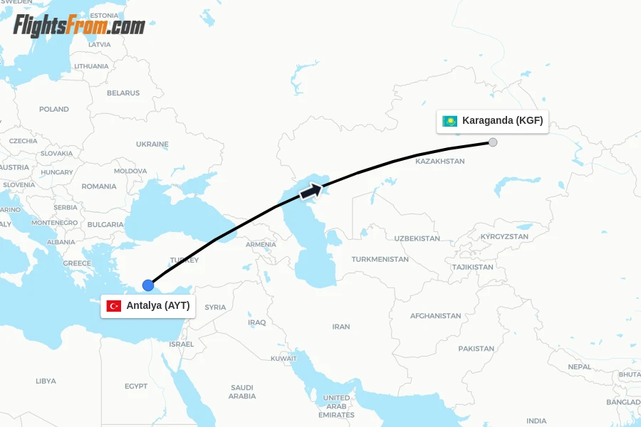 Flights from Antalya to Karaganda route map