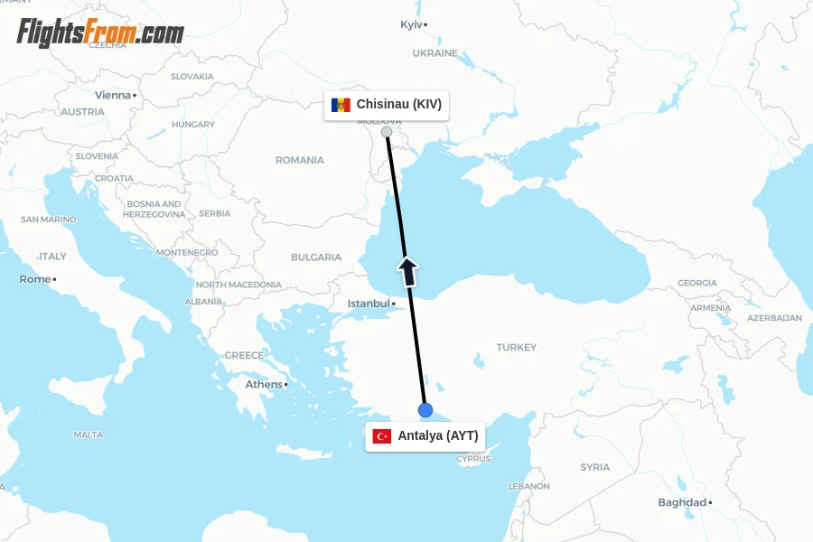 Flights from Antalya to Chisinau route map