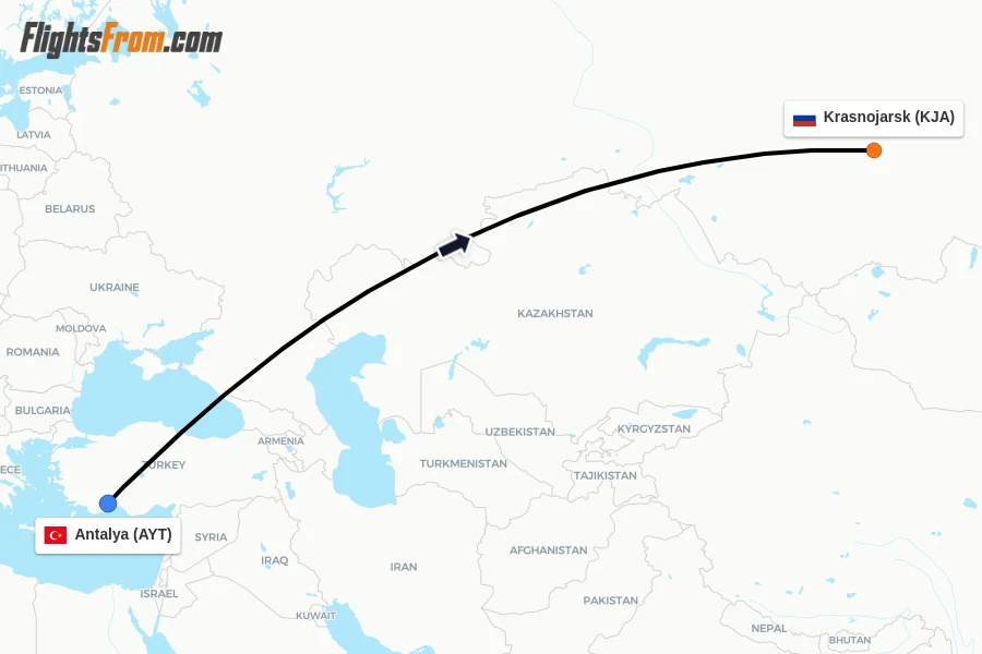 Flights from Antalya to Krasnojarsk route map