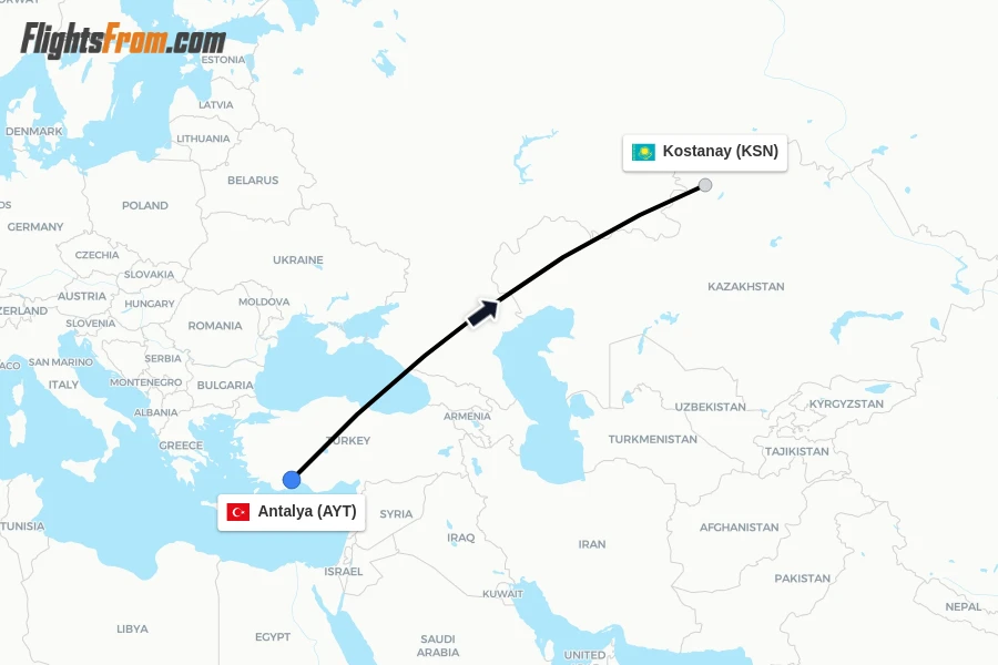 Flights from Antalya to Kostanay route map