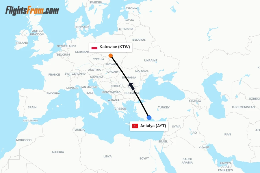 Flights from Antalya to Katowice route map