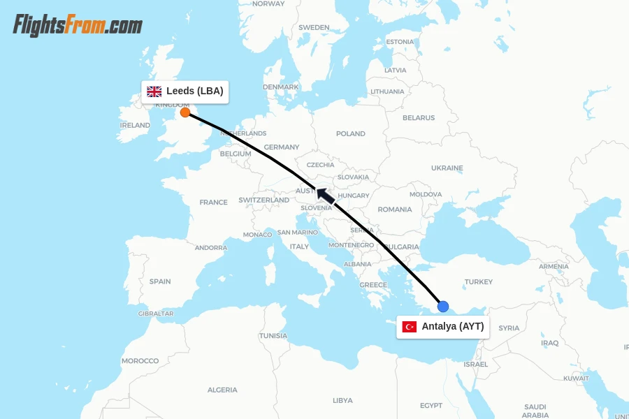 Flights from Antalya to Leeds route map