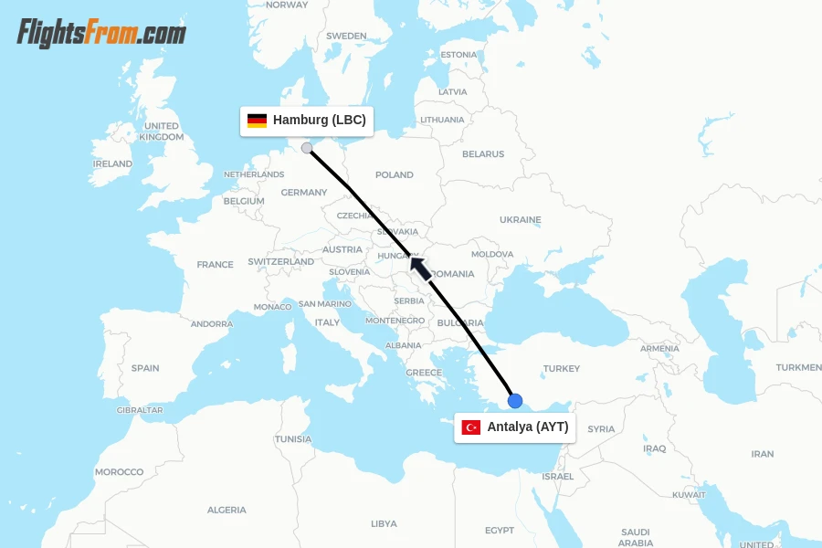 Flights from Antalya to Hamburg route map