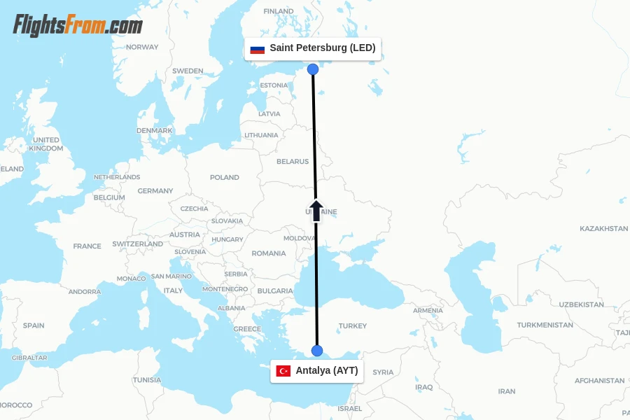 Flights from Antalya to Saint Petersburg route map
